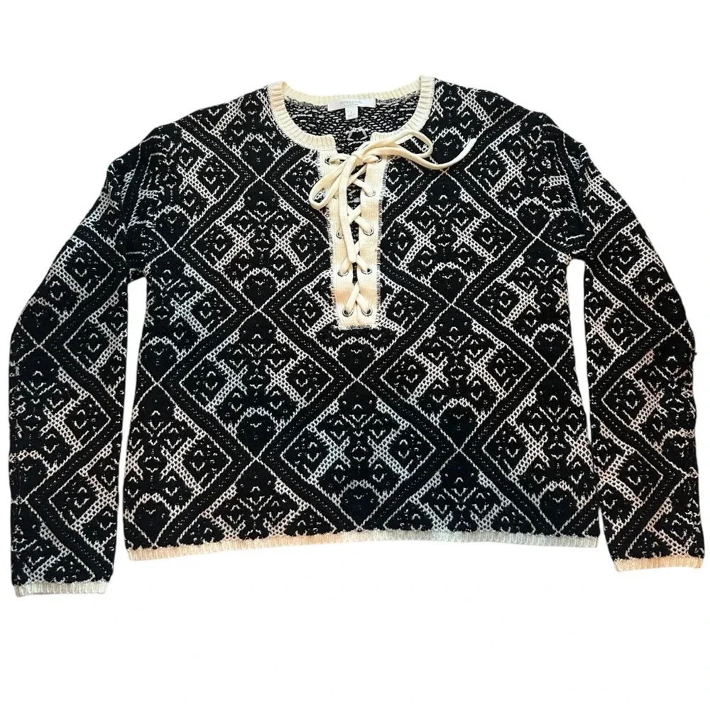 Vintage Piperlime Jacquard Knit Lace-Up Neck Sweater Black/White Women’s Small
